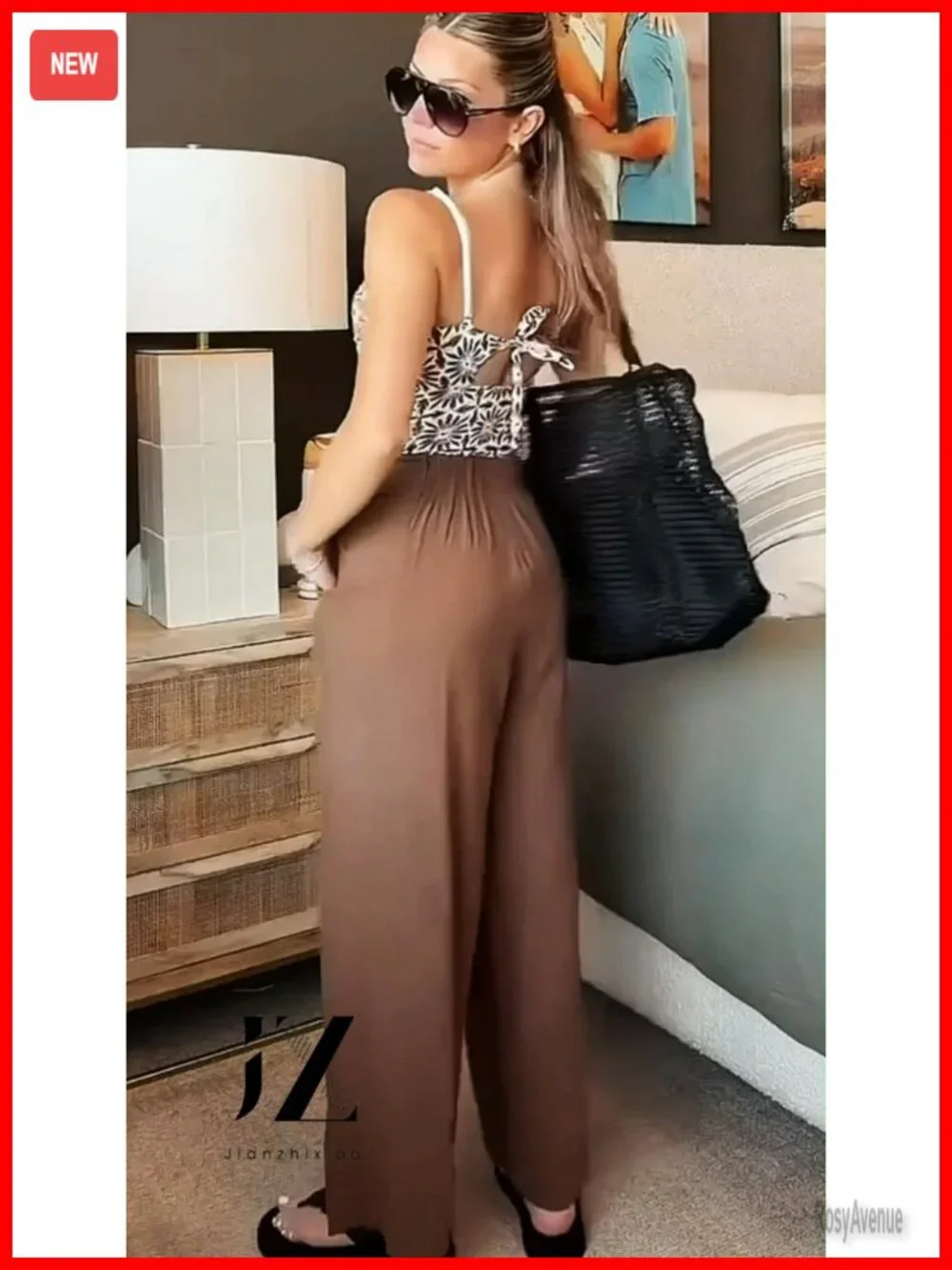 Wide Leg Linen Blend Pants Elastic Waist Palazzo Pockets Summer Boho Beach